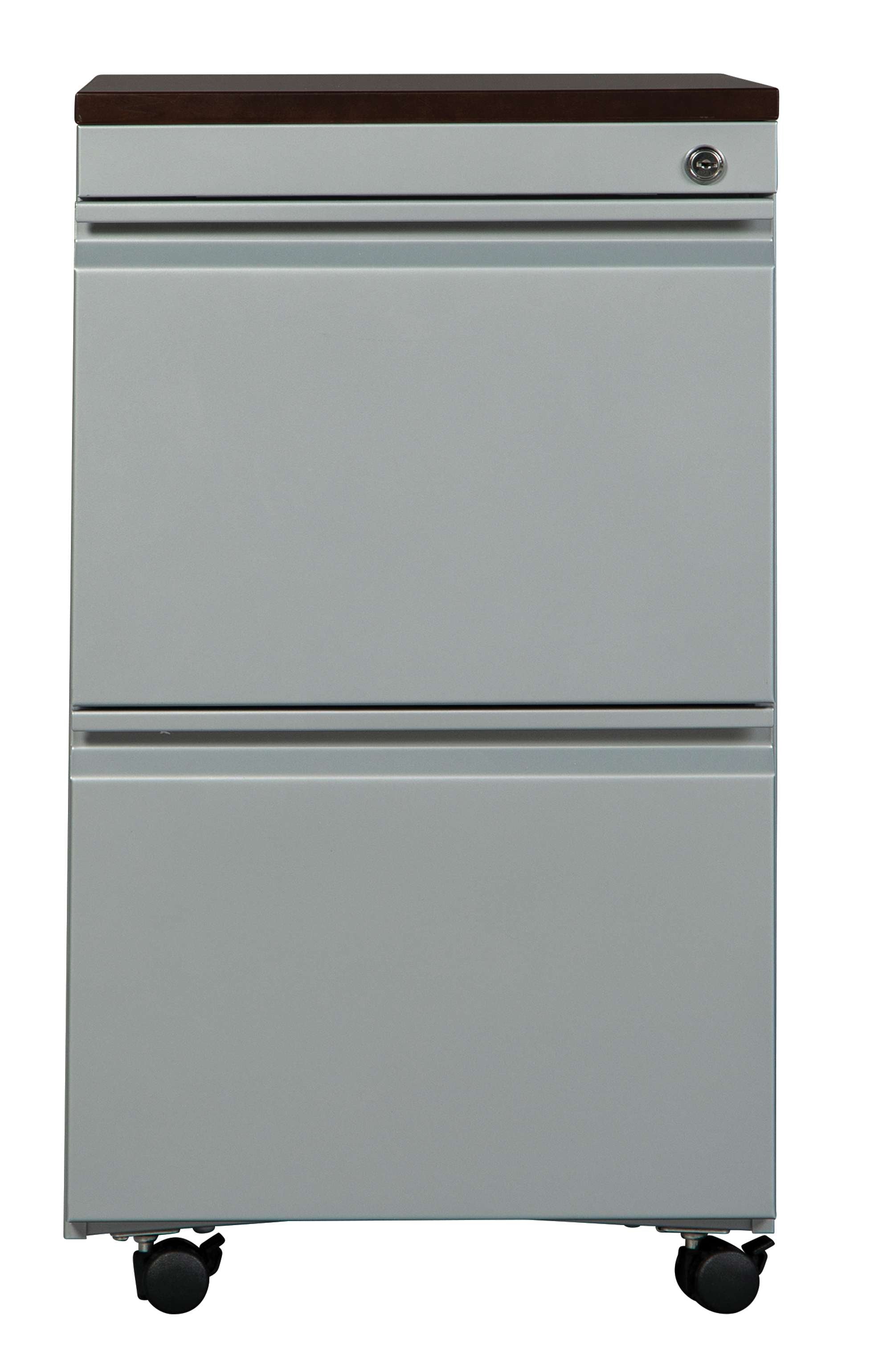 Custom office file cabinet with lockable drawer, metal body, and dark wood top on caster wheels for mobility