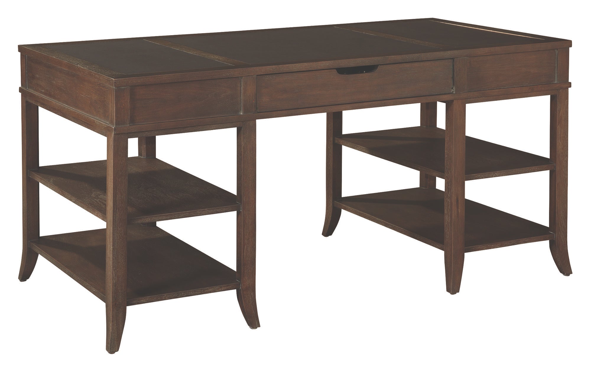 Urban Desk with three wood-framed leather panels, select veneer and solid wood, two box drawers, center drop-front drawer