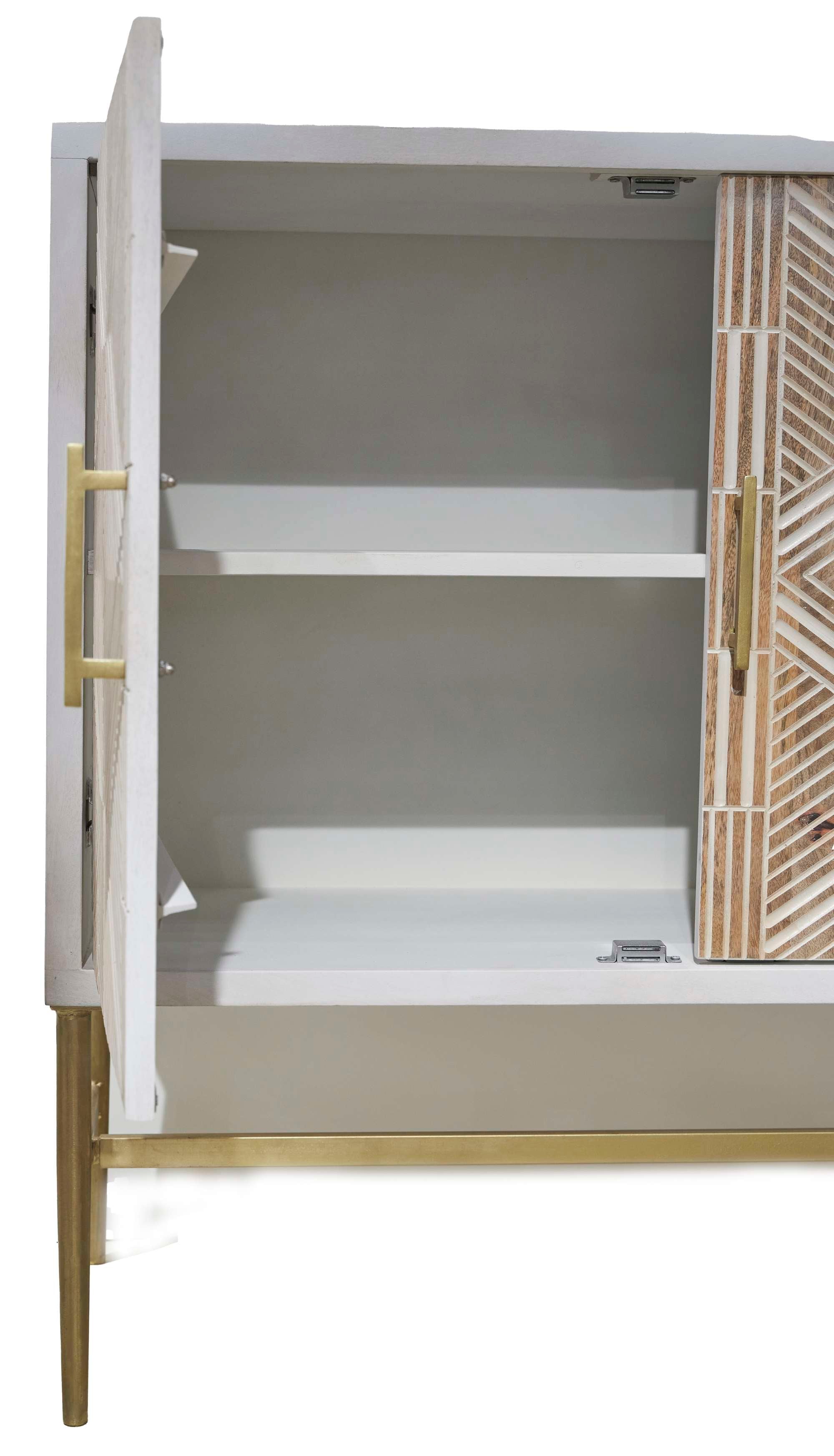Accent chest with carved diamond-pattern wood doors, brass-finished iron base, door pulls, and interior shelf storage.