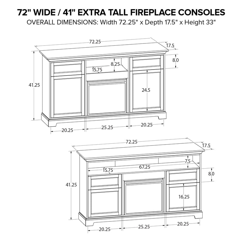 FT72D 72" Wide / 41" Extra Tall Fireplace Console