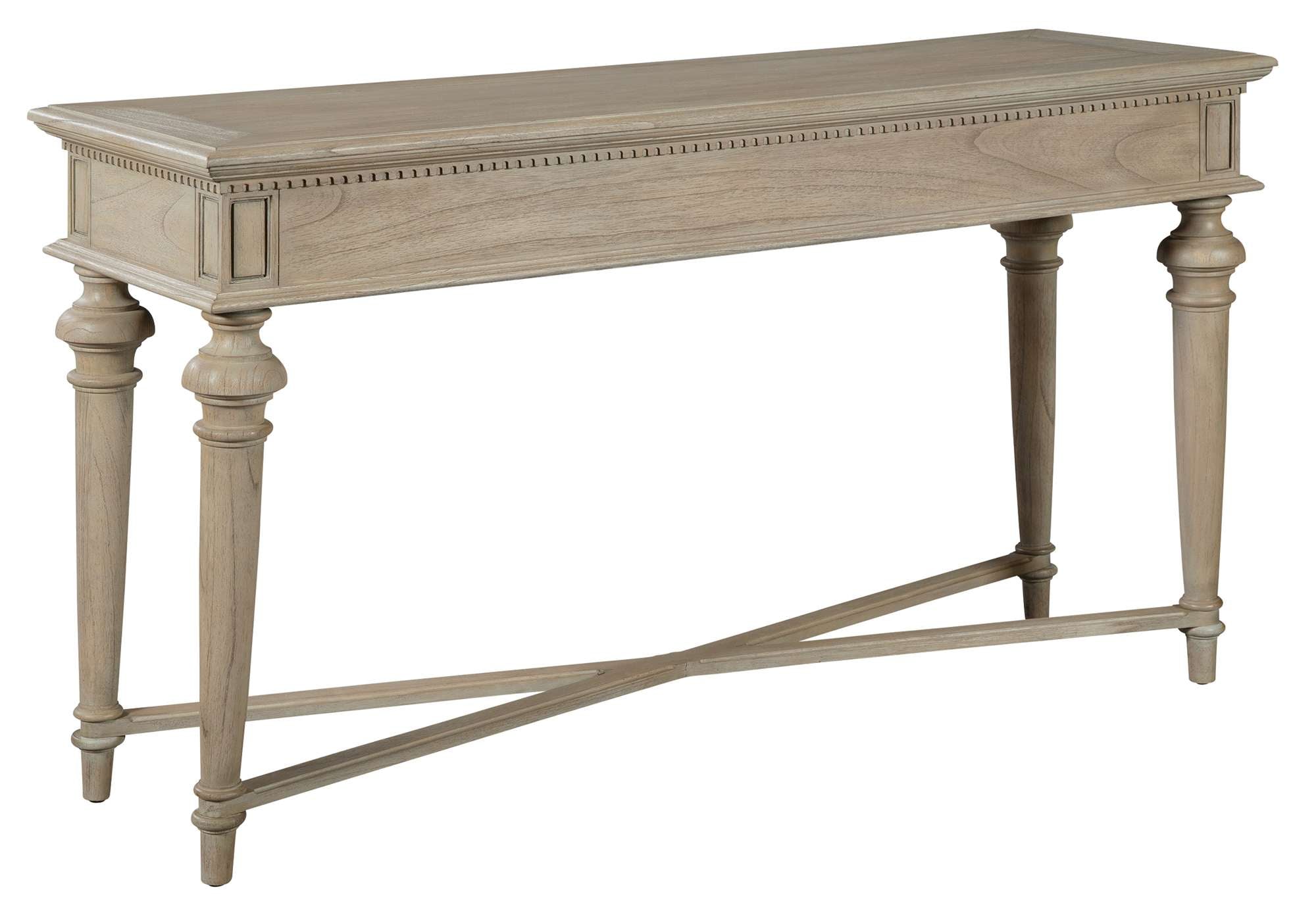 Wellington Estates sofa table in driftwood finish with mindi veneers, tapered legs, cross stretchers, dentil molding, and two drawers