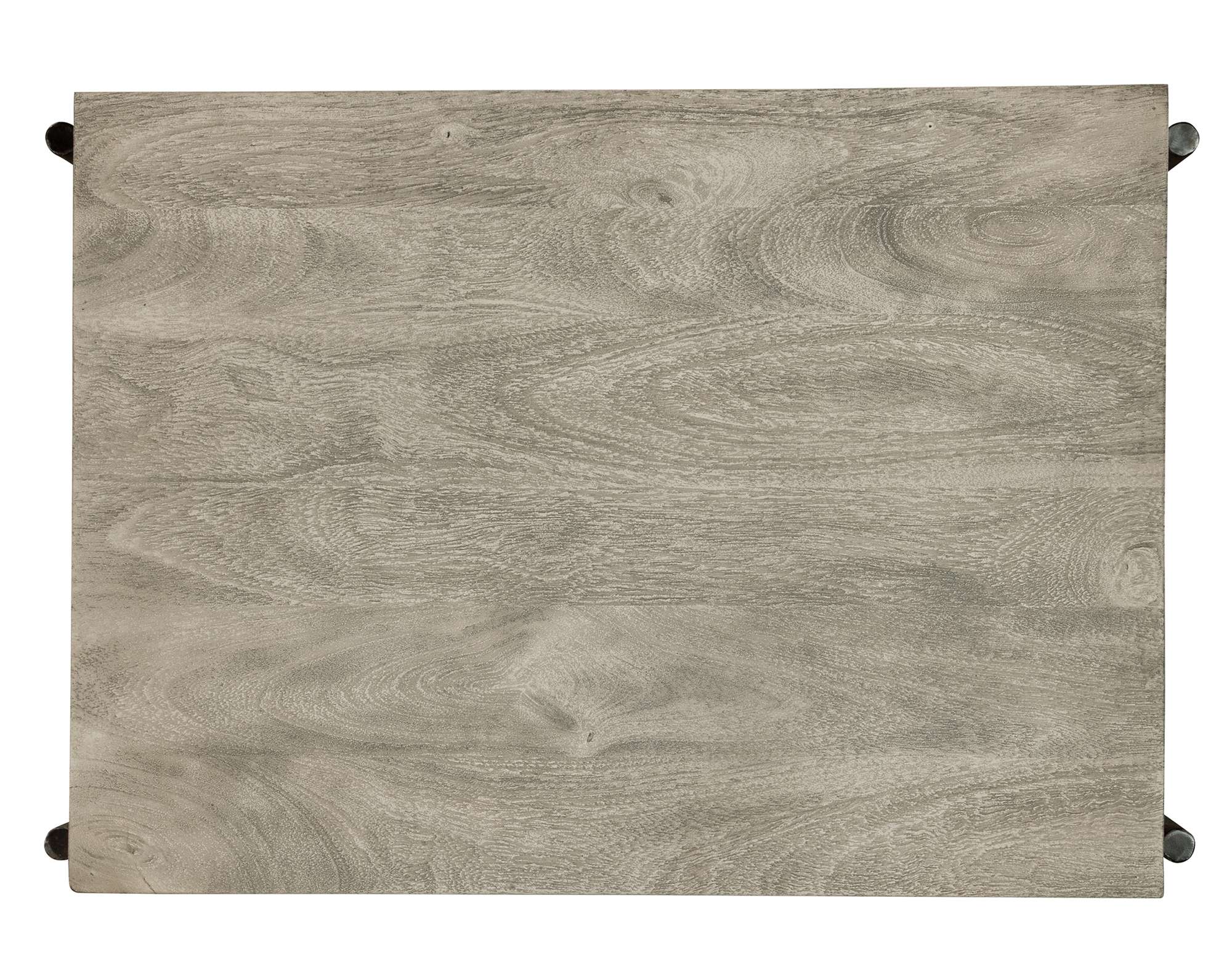 Gray mango wood top of Bedford Park nest of tables with visible grain and forged iron frame edges