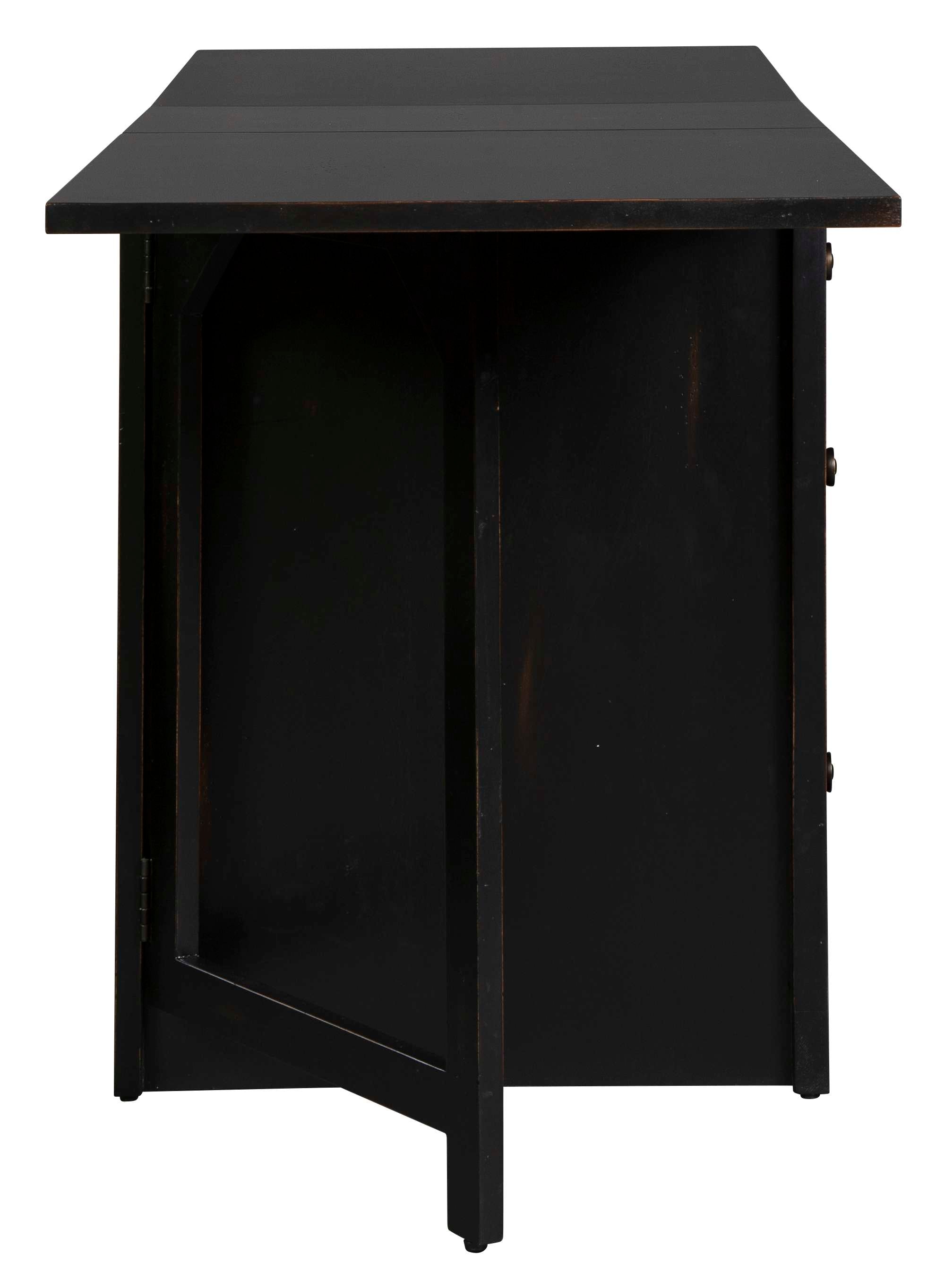 Black drop leaf desk with simple wood construction and foldable sides for versatile workspace configuration