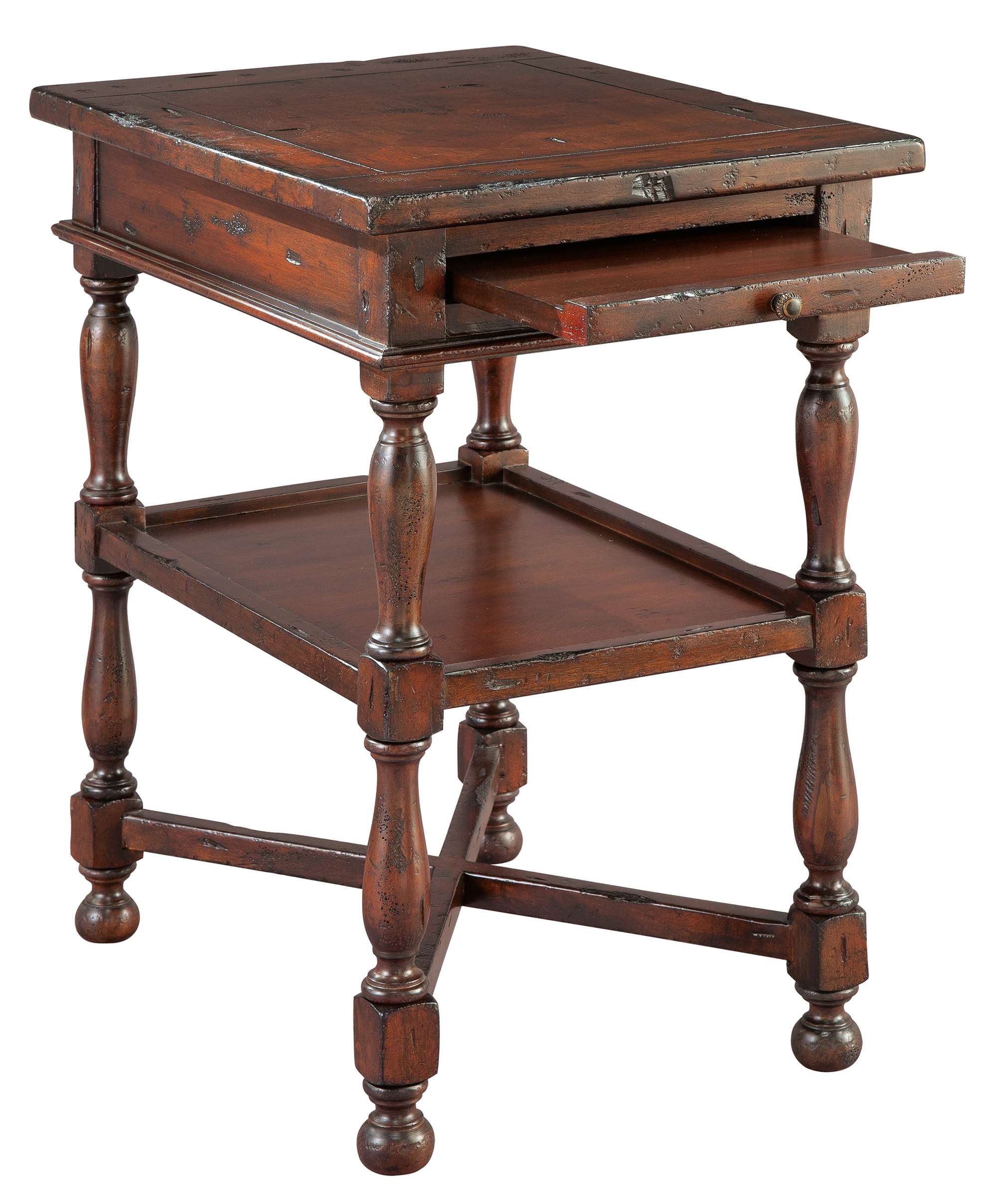 Antique finish Havana End Table in mahogany with pullout drawer, lower tray shelf, and turned legs on x-stretcher base.
