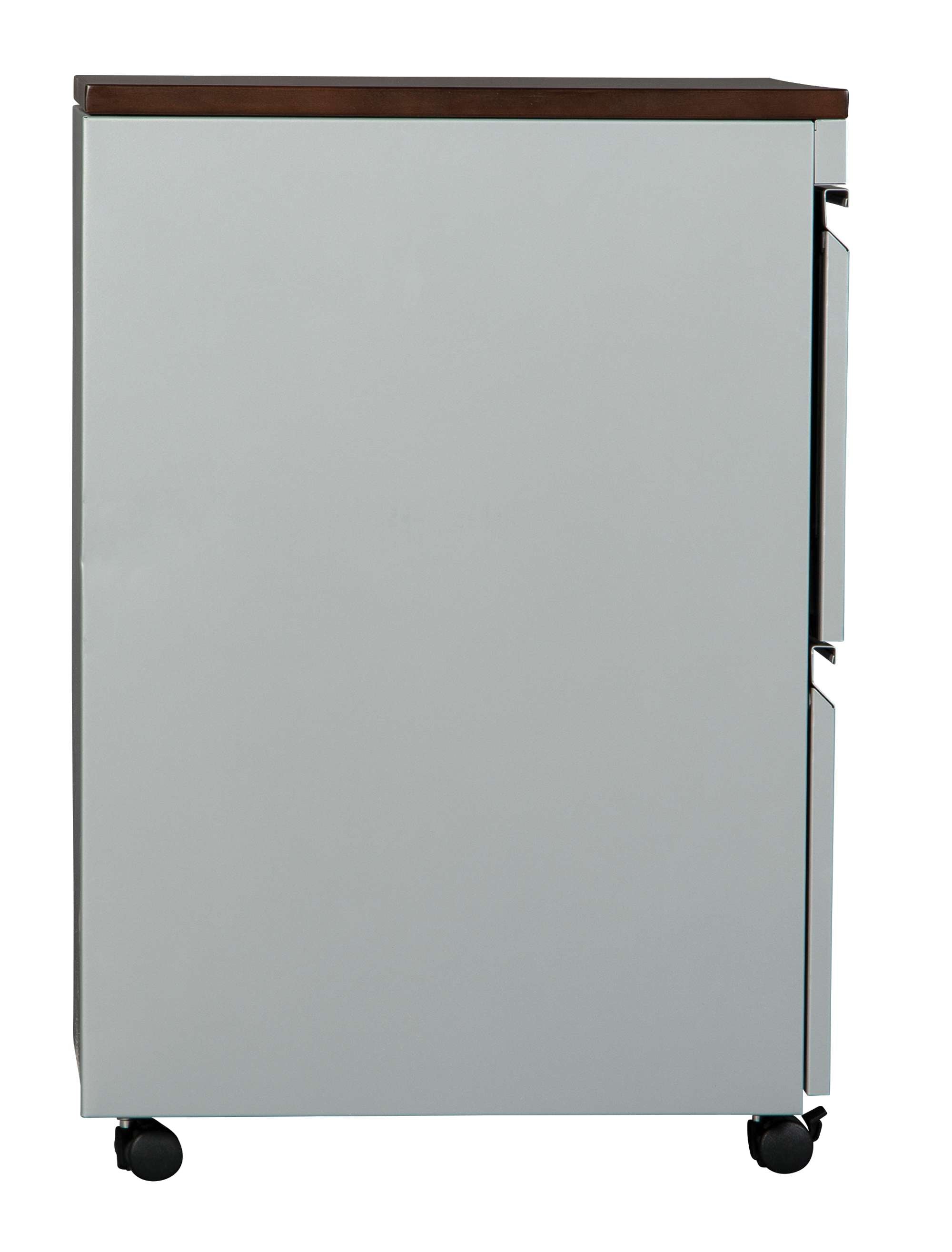 Custom File cabinet with gray metal body, dark wood top, and caster wheels for easy mobility and office organization
