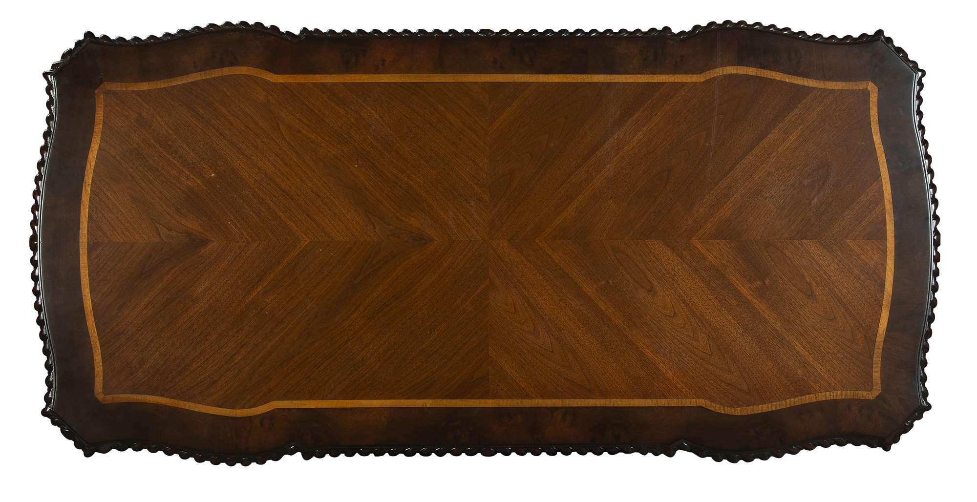 Old World Walnut Burl Adjustable Height Desk top with scalloped edges and intricate wood grain pattern