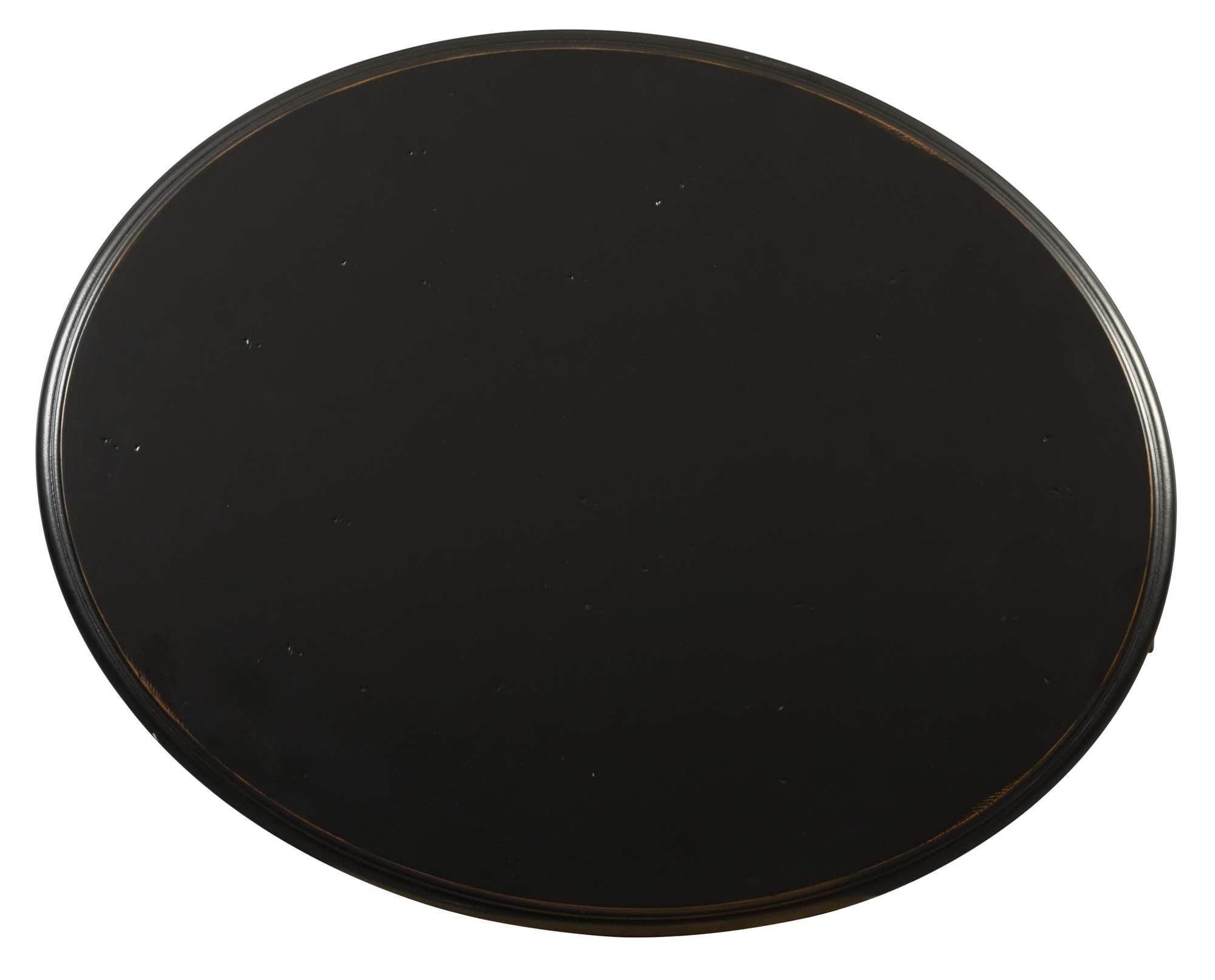 Oval drum chairside chest top surface in Louis Philippe finish with smooth rounded edges and subtle distressing