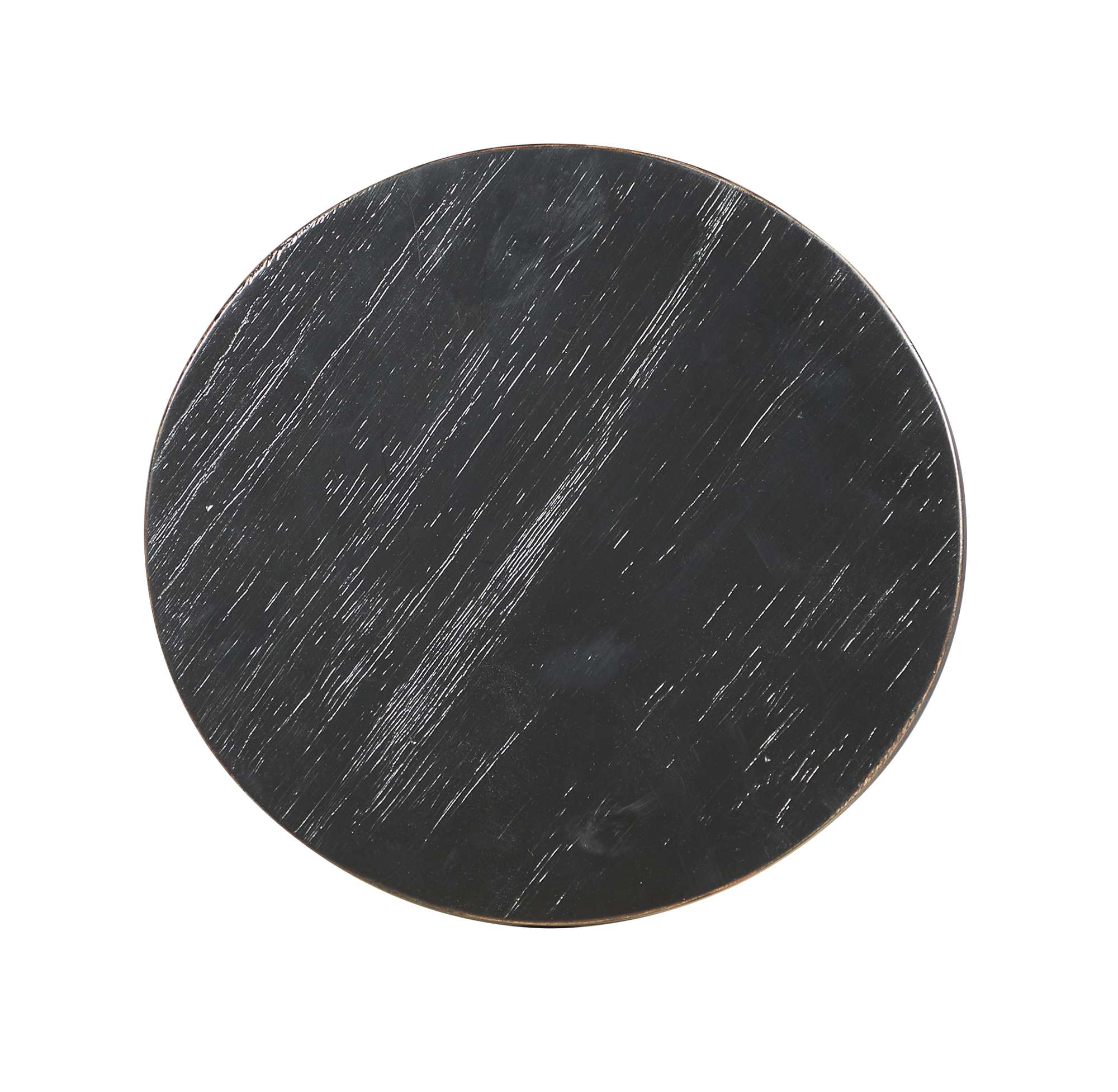 Round slim end table top with Louie Phillippe Black finish and natural wood grain texture from Mindi wood construction
