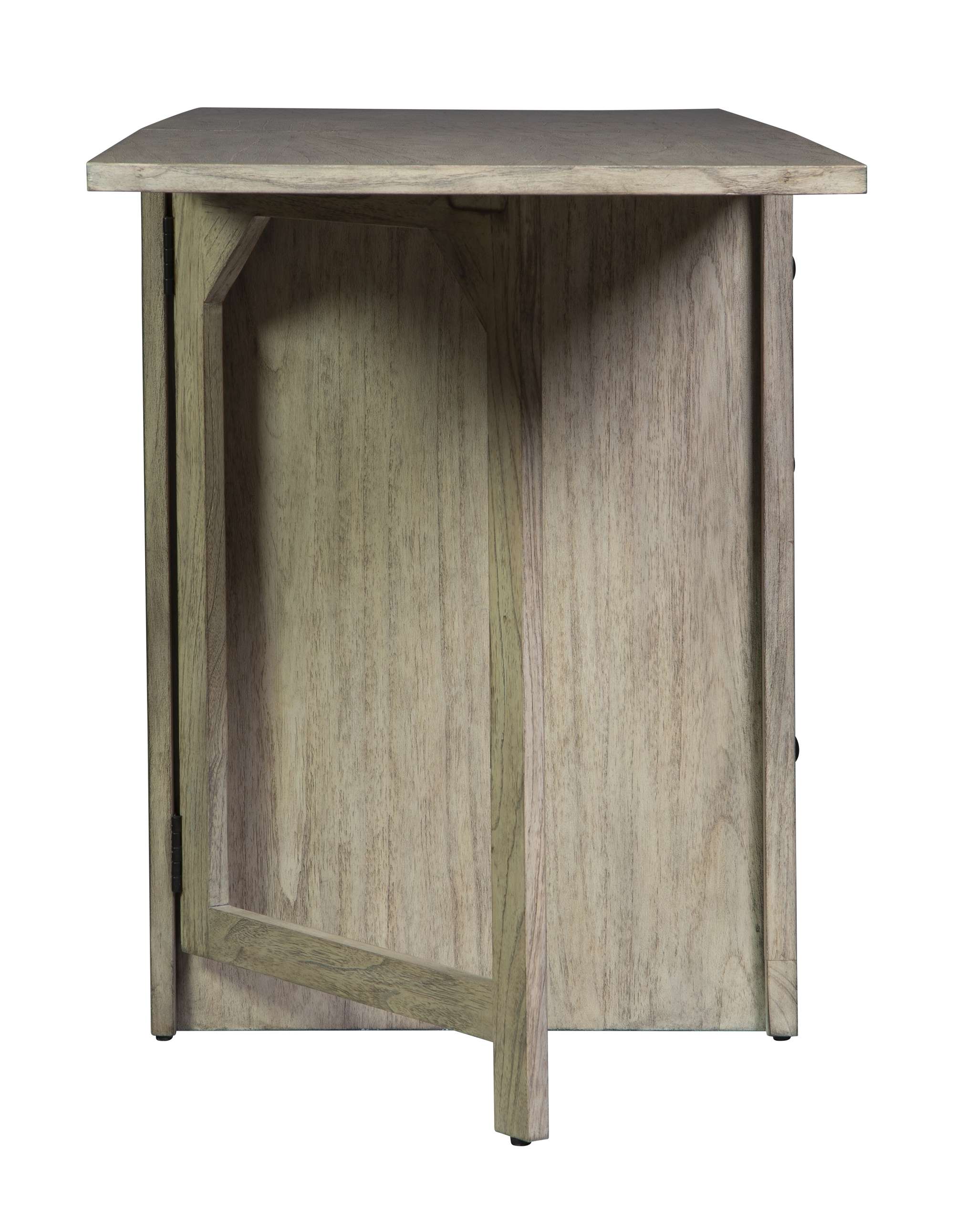 Side view of natural wood drop leaf desk with drop leaf open and visible hinge mechanism